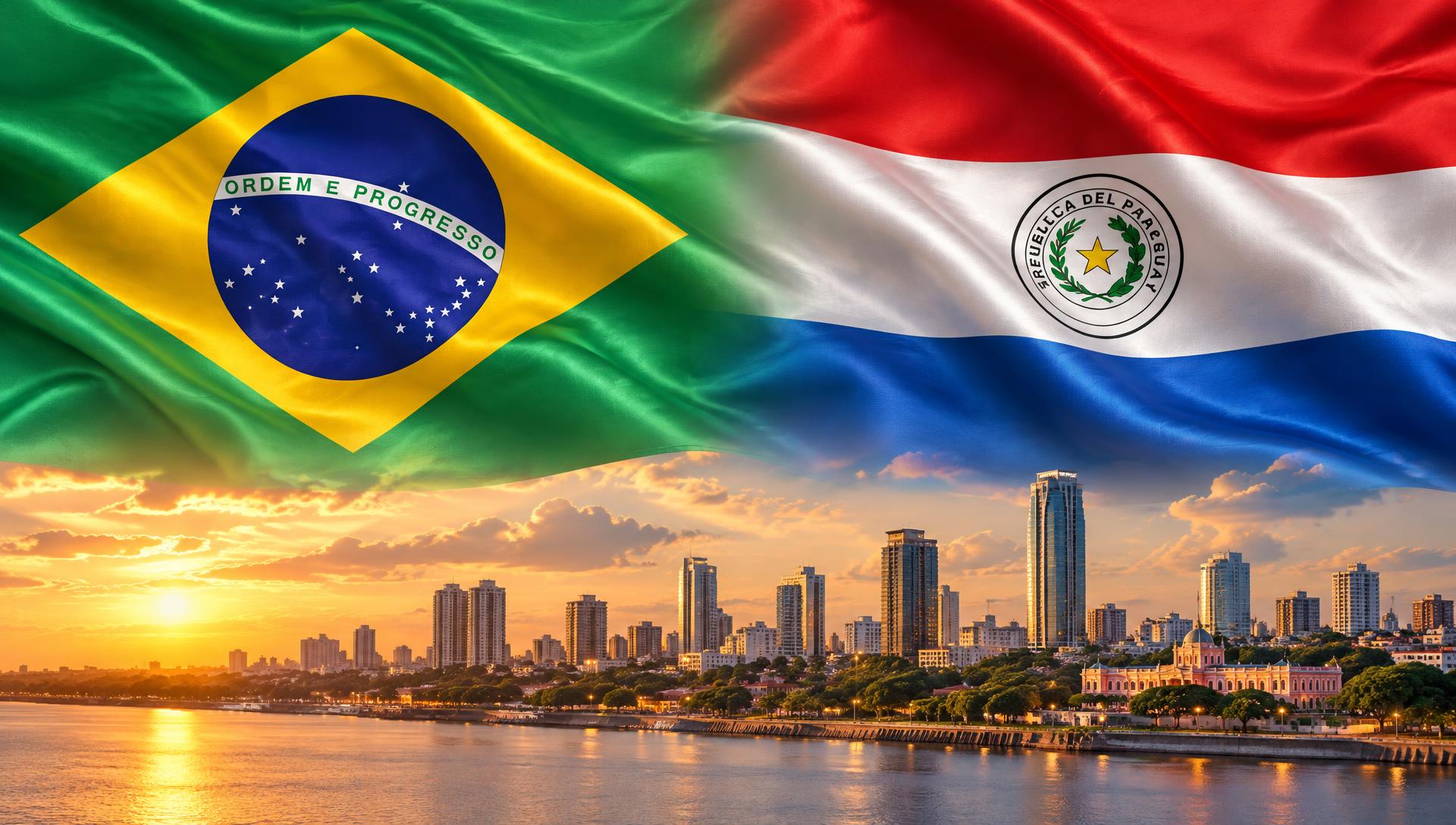 Bandeiras do Brasil e do Paraguai unidas sobre o horizonte de Assunção